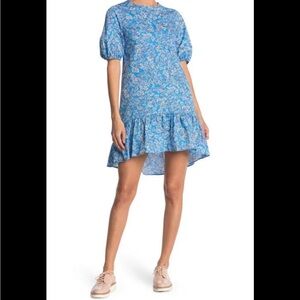 Topshop Bright Blue Daisy HiLo Puff Sleeve Poplin Dress